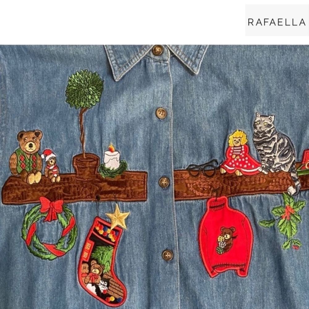 RAFAELLA Vintage Chambray Embroidered Christmas Denim Shirt Size Small - Picture 3 of 6